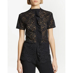 Proenza Schouler Top Size 8 Black Stretch-Floral Lace Ruffle Mock Shirt RT $799